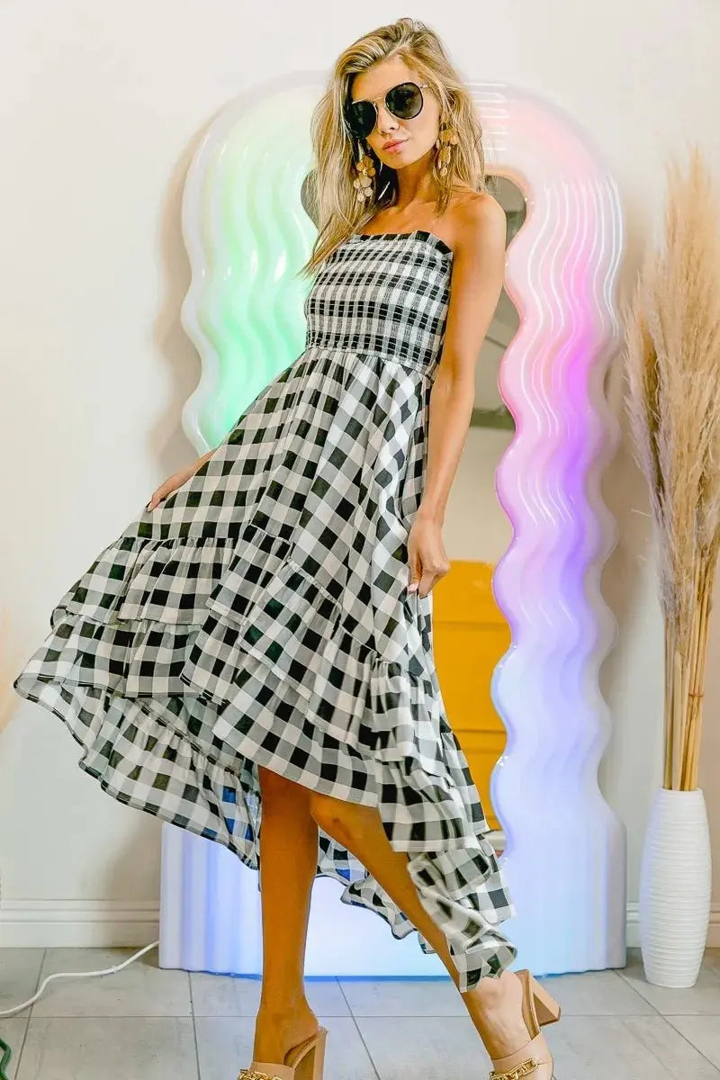 BiBi Smocked Body Off Shoulder Check Dress for Women - Love Salve